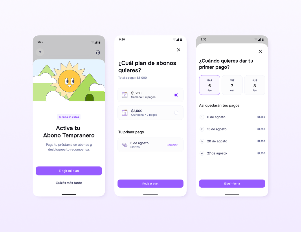 Three phone screens on a light purple background showing the Baubap early payments flow: an intro screen with a sun illustration and the headline 'Activá tu Abono Temprano' above an 'Elegir mi plan' button; a plan selection screen offering a $1,250 weekly or $2,500 biweekly repayment plan with a first-payment date; and a schedule screen listing four upcoming payments of $1,250 each with a 'Elegir fecha' button.
