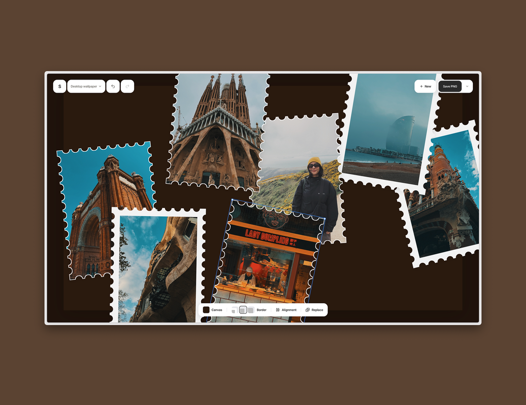 A desktop wallpaper design tool on a dark brown background, showing a canvas with several postal-stamp-framed travel photos arranged in a collage: a Sagrada Familia facade, a misty coastal cityscape, a person standing on a green hillside, an ornate stone archway, a shop storefront, and other architectural details, with toolbar controls for canvas size, alignment, borders, and a Save PNG button.