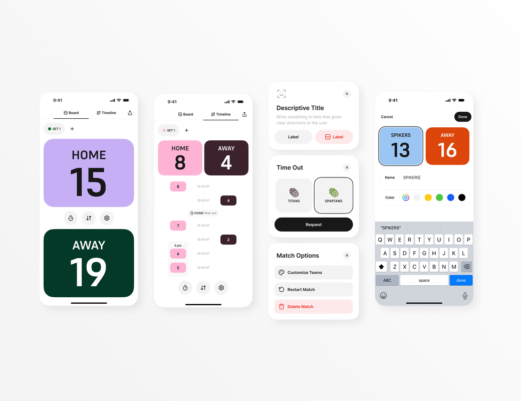 Four phone screens on a light gray background showing the Volleyboard scorekeeping app: a Board view with a purple HOME tile at 15 points and a green AWAY tile at 19 points under a Set 1 tab; a Timeline view showing HOME 8 and AWAY 4 alongside a chronological list of scoring events with timestamps; a settings sheet with a descriptive title field, a Time Out panel for requesting a timeout for the Titans or Spartans, and Match Options to customize teams, restart, or delete the match; and a team editor showing Spikers 13 versus Away 16 with a team name field, color picker, and keyboard.